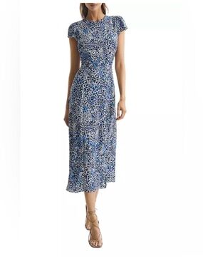 Reiss Livia Split Blue & White Printed Midi Dress